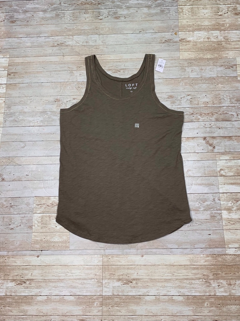 LOFT Brown Scoop Neck Tank Gold Stitching Lightweight 100% Cotton Size L NWT